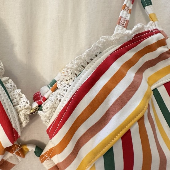 BCBG Swimsuit Bikini Striped Multicolor Lace Trim Women Top Medium Bottom Large - Picture 4 of 10